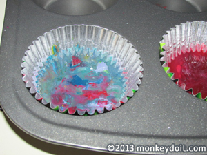 Melted crayons in cup cake pan