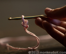 Pull hook end of the crochet with string through the slip knot