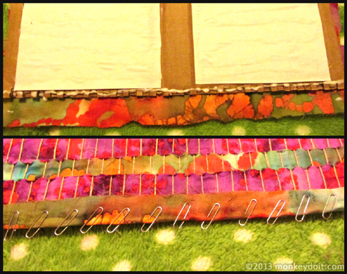 Edging applied to the cardboard loom with paper clips on edging