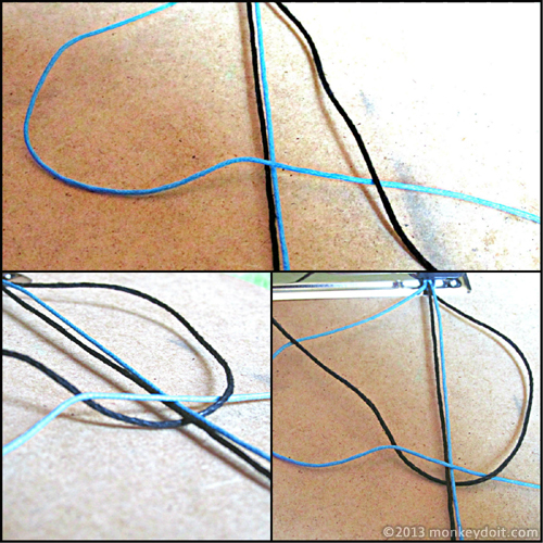 right knotting cord over top of the left knotting cord, under the holding cords, then through the loop between the left knotting cord